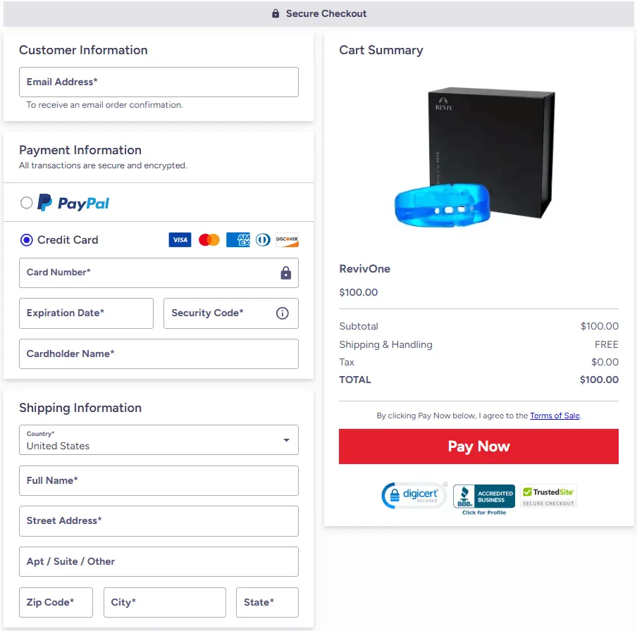 Reviv Checkout Page